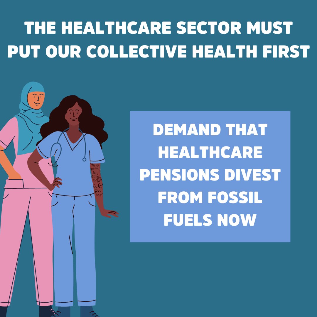 graphic of two healthcare workers with text urging fossil fuel divestment